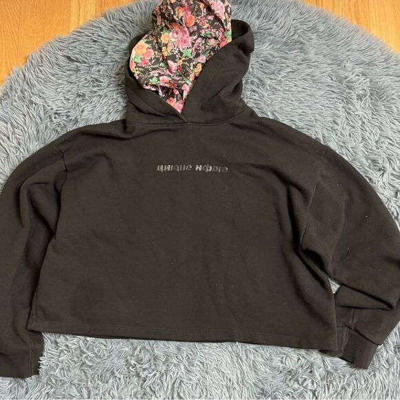 Zara Floral Print Cropped Double Hood Sweatshirt Hoodie Size M - Picture 2 of 8